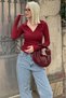 Burgundy Polo Neck Corded Fabric Women's Bodysuit Mg2566 - 5