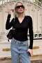 Black Polo Neck Corded Fabric Women's Bodysuit Mg2566 - 5