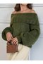Kzk0015 Women's Khaki Bardot-Boat Neck Balloon Sleeve Soft Textured Off-Shoulder Knitwear Sweater - 7