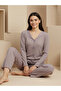 Ribbed Soft Cotton Women's Pajama Set with Bow Detail Long Sleeves