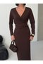 Double-Breasted Collar Long Sleeve Gathered Accessory Waistband Detail Back Slit Maxi Length Crepe Dress