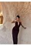 Degaje Draped Gold Accessory V-Neck Backless Side Ruched Side Slit Lined Long Dress - 2