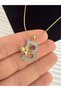 Zircon Stone, Gold Color, Bee Detail, Stylish Design Steel Letter Necklace - 2