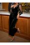 Women's Long Sleeve Double-Breasted Collar Waist Belted Velvet Jumpsuit with Tulle Detail - 3