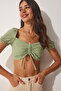 Linen Blend Gathered Crop Blouse Lbv0070 Green - 2