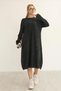 Women's Black Round Neck Patterned Pocketed Vintage Loose Cotton Knit Midi Dress - 2