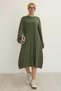 Women's Khaki Round Neck Patterned Pocketed Vintage Loose Cotton Knit Midi Dress