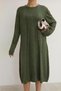 Women's Khaki Round Neck Patterned Pocketed Vintage Loose Cotton Knit Midi Dress - 6