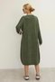 Women's Khaki Round Neck Patterned Pocketed Vintage Loose Cotton Knit Midi Dress - 7