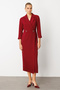 Women's Waist Accessorized Pocketed Double-Breasted Dress 6626 Claret Red