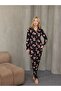 Grody.T Women's Suede Velvet Buttoned Shirt Collar Long Sleeve Bottom Top Patterned Pajama Set - 6