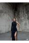 Mock Neck Slit Dress with Stone Details FLOWERS Evening Dress 583055 NAVY - 3