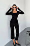 Black Square Neck Finger Detail Buzzy Fabric Slim Fit Body-Blouse - 3