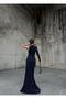 Mock Neck Slit Dress with Stone Details FLOWERS Evening Dress 583055 NAVY - 4