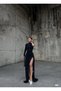 Mock Neck Slit Dress with Stone Details FLOWERS Evening Dress 583055 NAVY