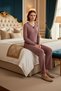 Women's Corded Fabric Knitted V-Neck Pajama Set Baby Overlock Detailed Functional Durable Aesthetic - 4