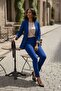 Blue Shawl Collar Fold-Up Leopard Lined Sleeve Single Button Jacket and Carrot Pants Suit - 4