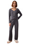Women's Anthracite V-Neck Lace Bow Detailed Corded Fabric Knitted Pajama Set Functional Aesthetic - 4