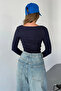 Navy Blue V-Neck Finger-Touch Detail Buzzy Fabric Slim Fit Body-Blouse - 7