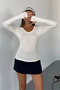 White V-Neck Finger-Touch Detail Buzzy Fabric Slim Fit Body-Blouse - 2