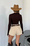 Brown Mock Neck Finger Insert Detail Buzzy Fabric Slim Fit Body-Blouse - 5