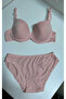Women's Powder Pink Textured Patterned Supportive Push up Bra & Slip Panties 2-Piece Lingerie Set - 6