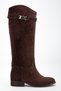 Massi̇ Model Genuine Leather Brown Suede with Removable Buckle Thick Heeled Daily Women's Boots - 7