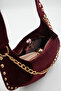 Women's Burgundy Suede Handbag with Studded Detail and Chain Accessory - 7