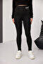 Women's Black Diving Fabric Gathered Effect High Waist Long Printed Leggings