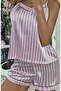 Stylish Women's Pajama Set with Pink Stripe Detail and Satin Shorts - 5