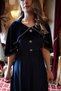 Navy Blue Velvet Dress with Cape Detail and Stone Buttons - 3