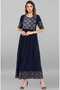 Premium poly crepe dark blue colour women's dress with silver colour sleeves & neck detailing