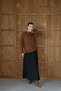 25033 Women's Corded Fabric Knitted Detailed Short Sweater Brown - 5