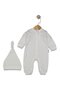 Unisex Ecru Corded Fabric Knotted Beret Jumpsuit with Snap Fasteners