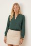 Women's Dark Green V-Neck Collar Pleated Detail Elastic Waist Cuffed Blouse Arm-26K001020 - 2