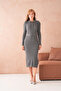 Women's Polo Neck Half-Button Placket Fabric Button Detail Belted Ribbed Knit Dress