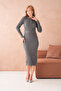 Women's Polo Neck Half-Button Placket Fabric Button Detail Belted Ribbed Knit Dress - 5