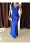 Cobalt Blue Front Ruffle Asymmetrical Neckline Evening Dress - 5