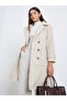 Beige Double Breasted Wool Like Coat with Pocket Detail