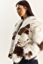 Women's Bone Brown Cow Patterned Lined Faux Fur Jacket 3489 60283866 - 5