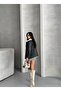 Zr Beige Fur Collar Gathered Waist Black Leather Trench Coat - 2