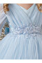Blue Mesh Lace Detail Balloon Sleeve Dress - 6