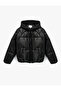 Hooded Crop Faux Leather Puffer Coat with Zipper Long Sleeves and Pockets - 3