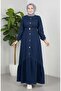 Women's Buttoned Belted Denim Dark Blue Dress