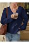 Women's Navy Blue V-Neck Oversized Knitwear Sweater, Knitwear Sweater Fmoda1970 - 2