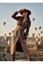 Imported Fabric Leather Detailed Belted Buttoned Lined Special Design Checkered Maxi Coat - 6