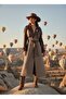 Imported Fabric Leather Detailed Belted Buttoned Lined Special Design Checkered Maxi Coat