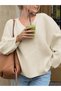 Women's Ecru V-Neck Oversized Knitwear Sweater, Knitwear Sweater Fmoda1970 - 3