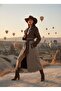 Imported Fabric Leather Detailed Belted Buttoned Lined Special Design Checkered Maxi Coat - 2