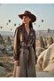Imported Fabric Leather Detailed Belted Buttoned Lined Special Design Checkered Maxi Coat - 4